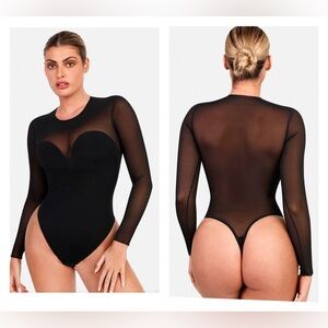 Popilush Illusion Mesh Long Sleeve Tummy Control Bodysuit - Black (XXL)
